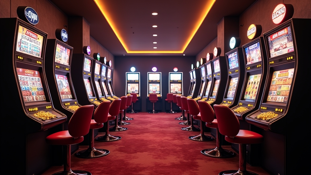 Dark casino lounge with rotating promotions and bonus signage