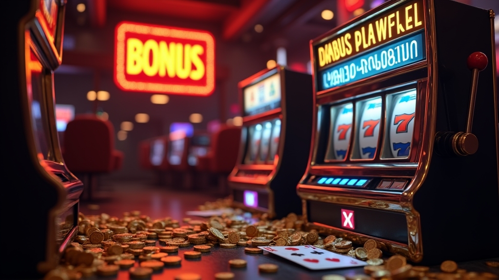 Dark casino scene with a glowing welcome bonus banner and slot machine